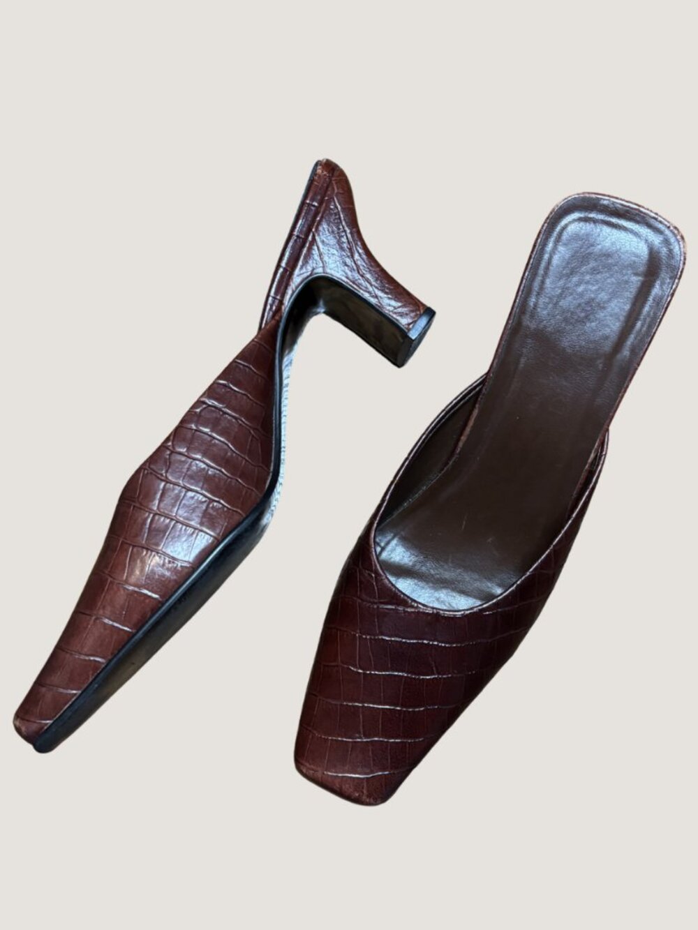 Brown Croc Embossed Leather Kitten Heel Mules Square Toe Size 7.5